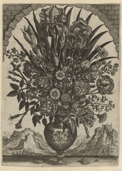 Vase mit Blumen in einem bogenförmigen Fenster von Anonymous