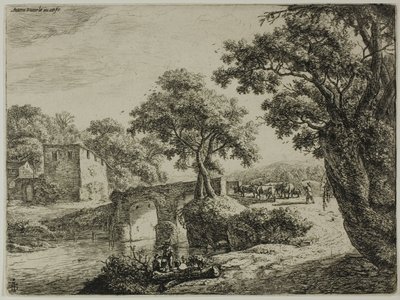 Herde in der Nähe einer Steinbrücke von Anthonie Waterloo