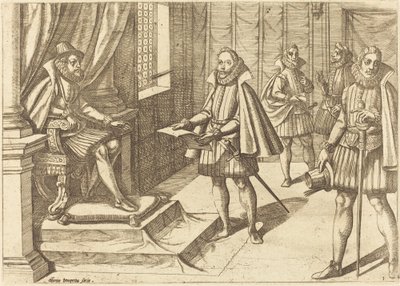 Philipp II. von Spanien auf seinem Thron von Antonio Tempesta