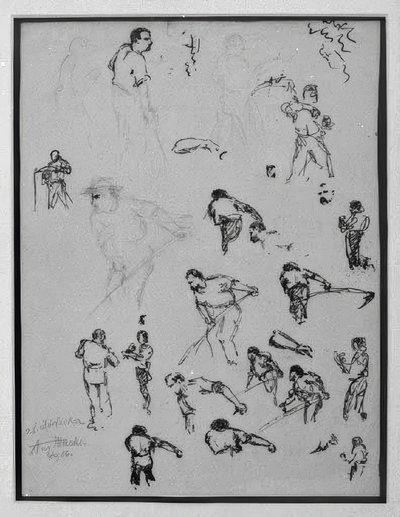 Studienblatt mit mähenden Bauern von August Macke