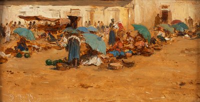 Ungarischer Markt mit blauen Schirmen von August von Pettenkofen
