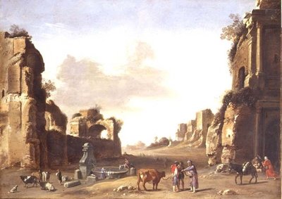 Klassische Ruinen mit Bauern, die ihre Tiere tränken von Bartholomeus Breenbergh