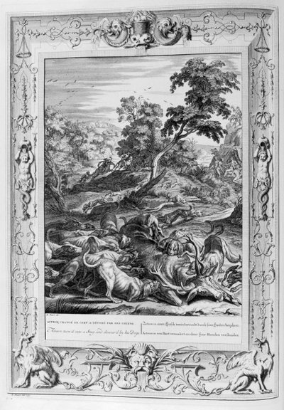 Actaeon von Jagdhunden zerfleischt (Gravur) von Bernard Picart