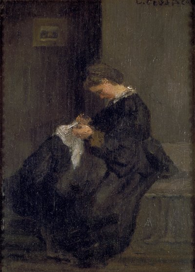 Mme Pissarro beim Nähen, ca. 1860 von Camille Pissarro