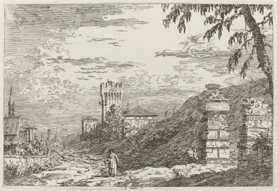 Landschaft mit Turm und zwei zerstörten Säulen [links] von Canaletto