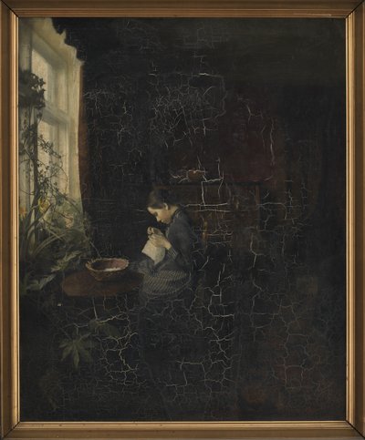 Interieur mit einem Mädchen beim Nähen von Carl Holsoe
