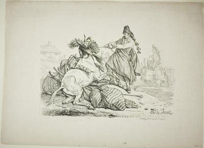 Spanischer Maultiertreiber, der sein Maultier aufrichtet von Carle Vernet