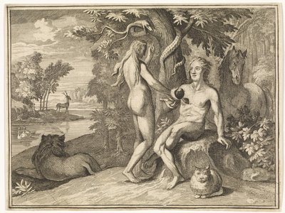 Eva bietet Adam die verbotene Frucht an von Caspar Luyken