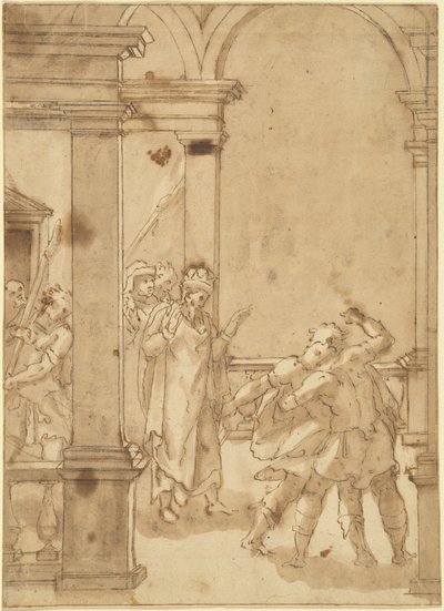 Zwei Figuren kämpfen vor einem König von Cesare Nebbia