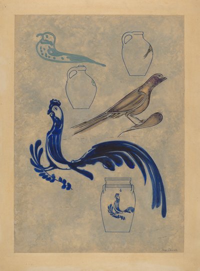 Vogeldekorationen auf Steingut von Charles Caseau