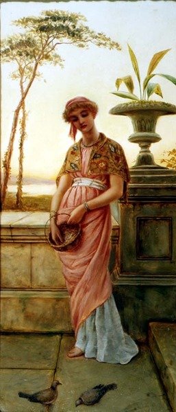 Klassische Frau, die Vögel füttert von Charles Frederick Lowcock