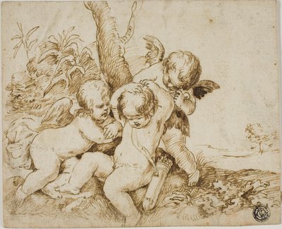 Zwei Putti verbinden einem Dritten die Augen von Circle of Guido Reni