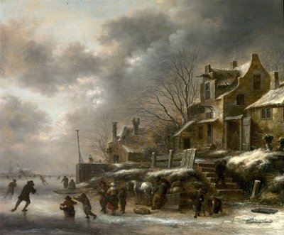 Winterszene, Fluss mit Schlittschuhläufern, 1671 von Claes Molenaer