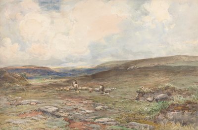 Heideland mit Schafen und Schäfer von Claude Hayes