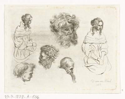 Studienblatt mit Köpfen und Frauenkörpern von D. van den Bosch
