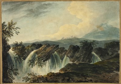 Kamelkarawane überquert Ebene über Wasserfall von Dominic Serres