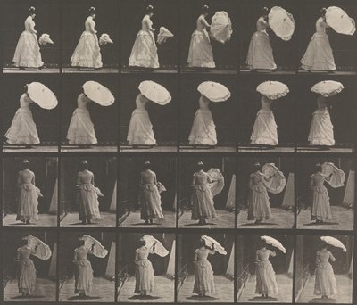 Frau öffnet Sonnenschirm, 1883-86, gedruckt 1887 von Eadweard Muybridge