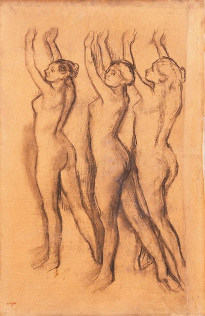 Drei Tänzerinnen in Bodysuits, mit erhobenen Armen von Edgar Degas