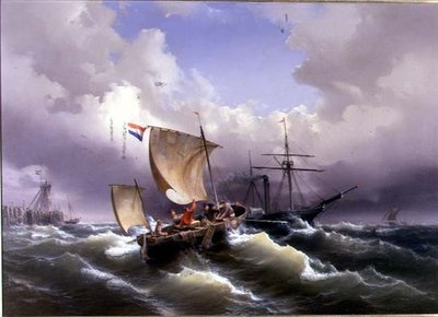 Schiffe in stürmischem Wasser vor einer Küste von Eduard Schmidt