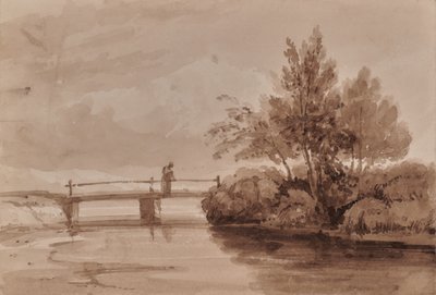 Flusslandschaft mit Holzbrücke und Figur von Edward Pretty