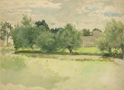 Landschaft: Wiese. Kirche im Hintergrund von Edwin Austin Abbey