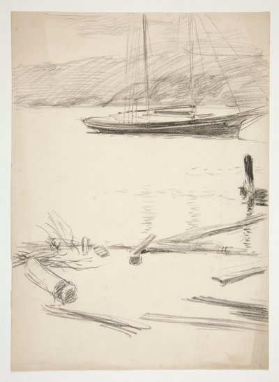 Skizze eines Docks und Segelboots von Edwin Austin Abbey
