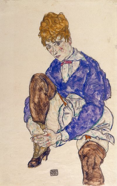 Porträt der Frau des Künstlers, sitzend, ihr rechtes Bein haltend von Egon Schiele