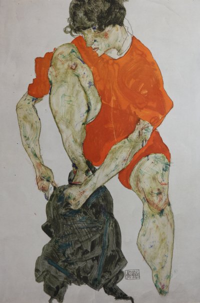 Weibliches Modell in einem roten Gewand, 1914 von Egon Schiele