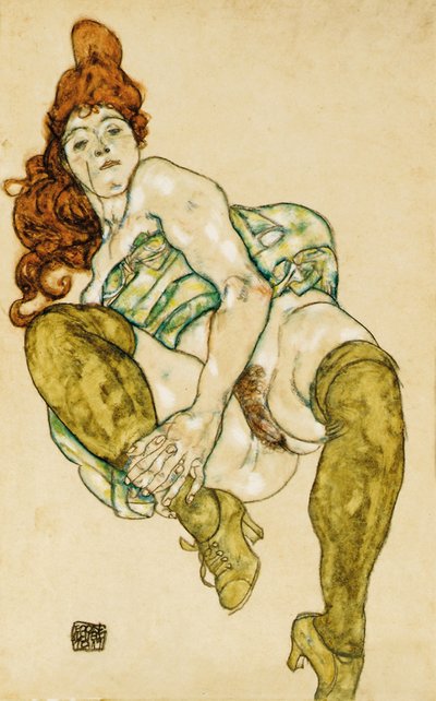 Weiblicher Akt, das rechte Bein umklammernd, 1917 von Egon Schiele