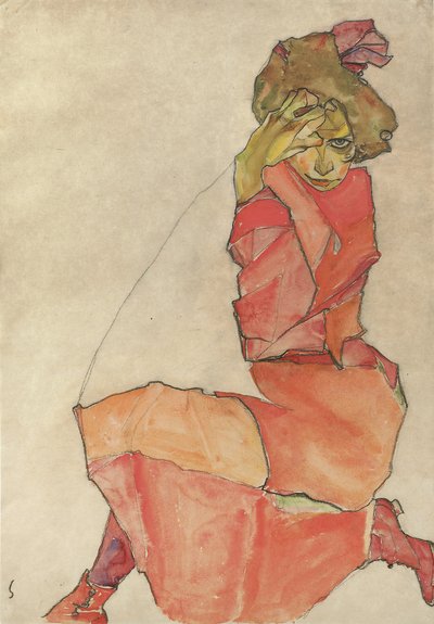 Kniende Frau im orange-roten Kleid, 1910 von Egon Schiele