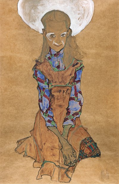 Sitzendes Mädchen Poldi Lodzinsky, um 1910 von Egon Schiele