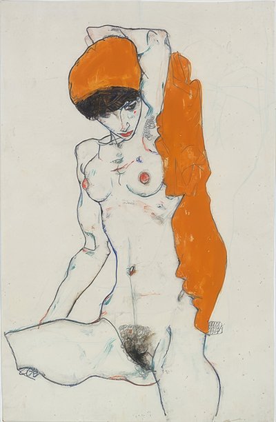 Stehender Akt mit orangem Tuch von Egon Schiele