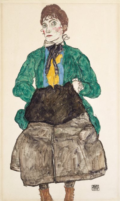 Frau in grüner Bluse mit Muff, 1915 von Egon Schiele