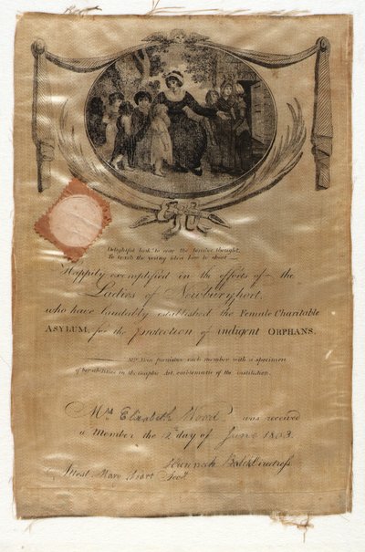 Mitgliedszertifikat, das weibliche Wohltätigkeitsasyl von Eliza Cox Akin