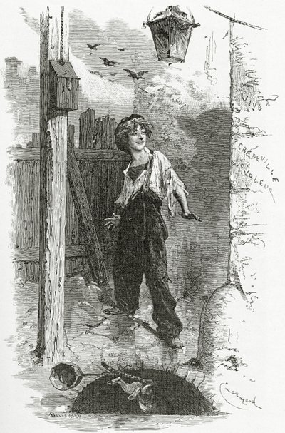 Gavroche, 19. Jahrhundert (bw Gravur) von Emile Antoine Bayard