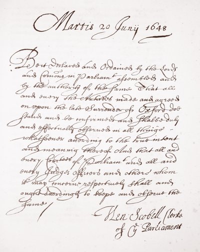 Brief von Henry Scobell, 20. Juni 1648 von English School