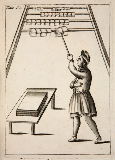Der Drucker beim Aufhängen von Papier, veröffentlicht 1683 (Gravur) von English School