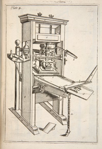 Die Druckerpresse, veröffentlicht 1683, Gravur von English School