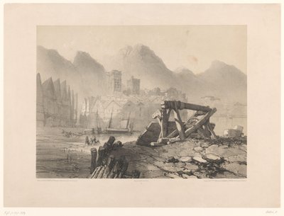 Stadtansicht mit Hafen und Bergen von Eugene Ciceri