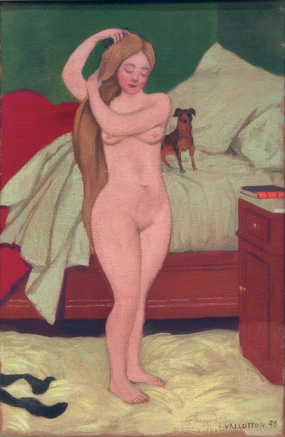 Weiblicher Akt, sich kämmend, Interieur von Felix Edouard Vallotton