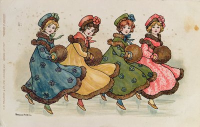 Vier junge Mädchen mit Muffen von Florence Hardy
