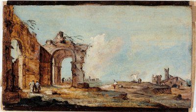 Caprice, mit ruinösem Bogen und Fischerhäusern von Francesco Guardi
