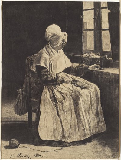 Eine Frau beim Stricken von François Bonvin