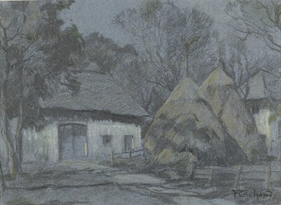 Heuschober bei einem Bauernhaus im Mondlicht von François Cachoud