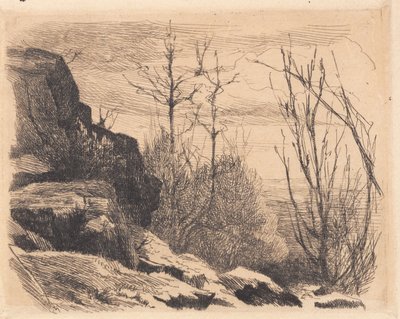 Probetafel: Landschaft mit Felsen und Bäumen von Frans Schwartz