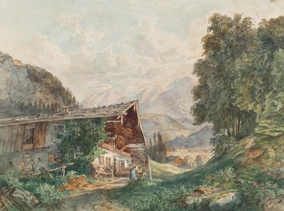 Alpenlandschaft mit Bauernhaus und Frau am Brunnen von Franz Barbarini