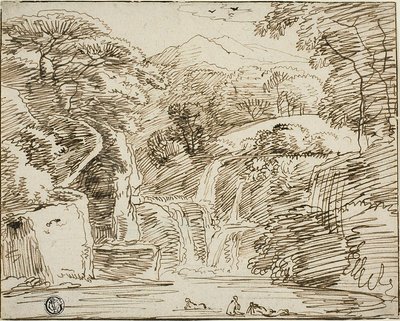 Nymphen baden in der Nähe von Wasserfällen in Berglandschaft von Franz Kobell