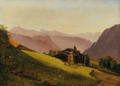 Gebirgslandschaft mit Almhütten und heuenden Bauern von Franz Wipplinger