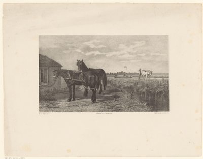 Zwei Pferde vor einer Scheune von Frederik Hendrik Weissenbruch