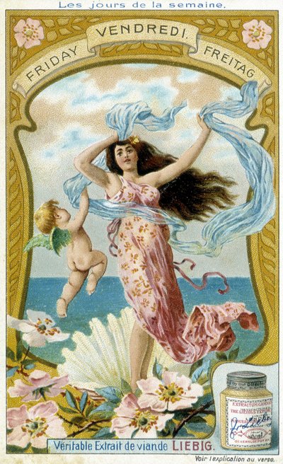 Venus illustriert Freitag. Liebig Chromolithographische Werbekarte von French School